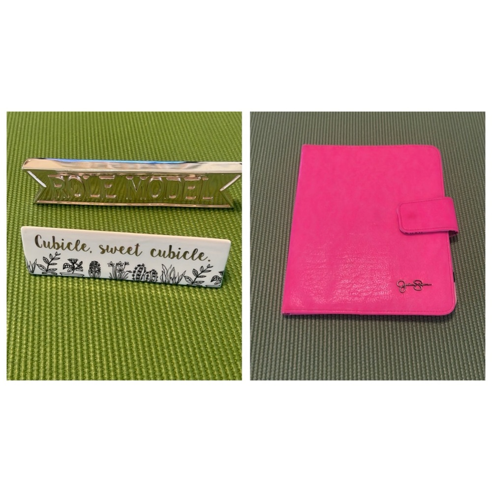 Tablet holder and 2 paper weights or decor for your desk.